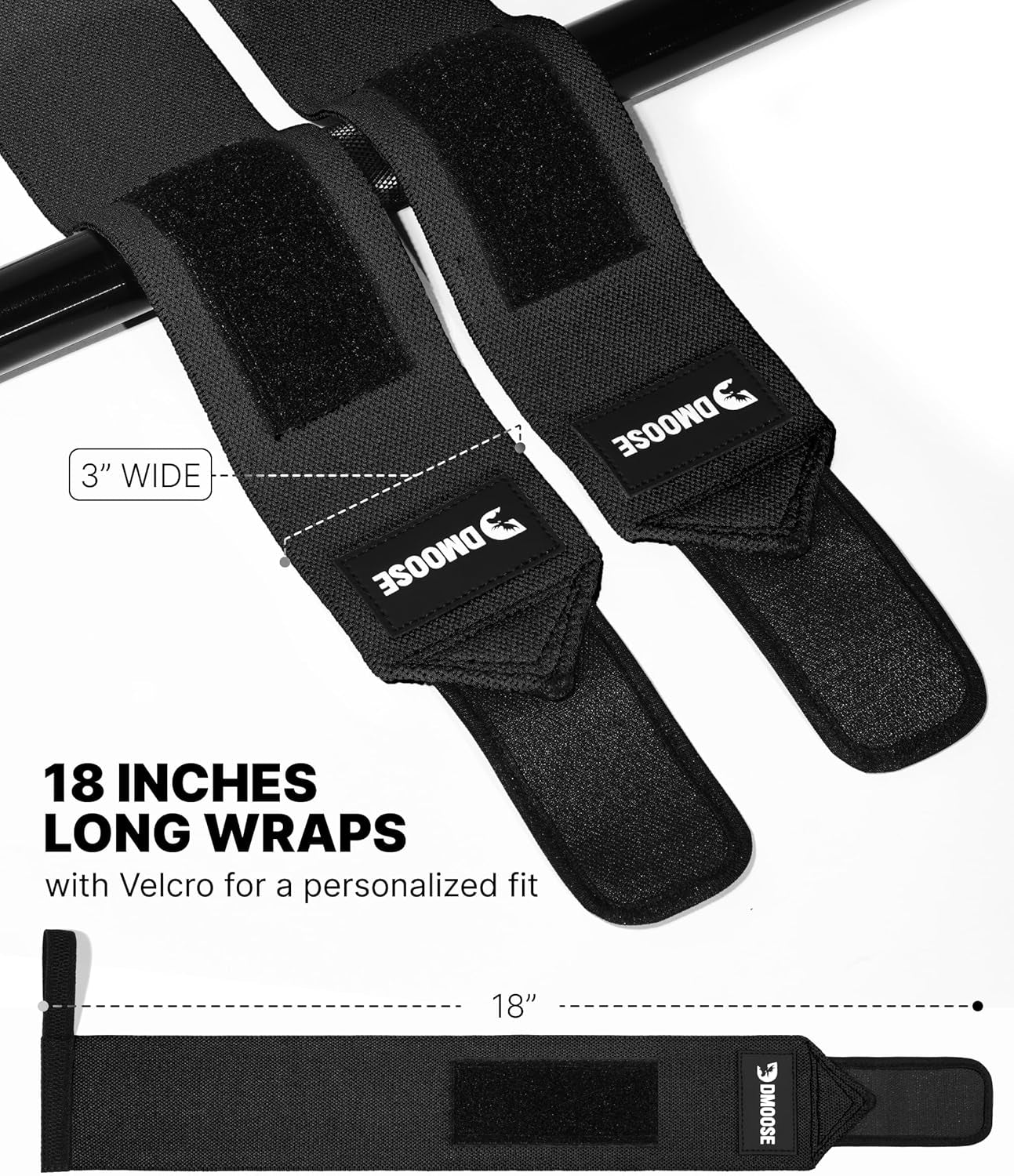 Unleash Your Strength with DMoose 18" Heavy Duty Wrist Wraps - Durable Support for Pain - Free Weightlifting & Powerlifting, Unisex Design! - Fit & Flow