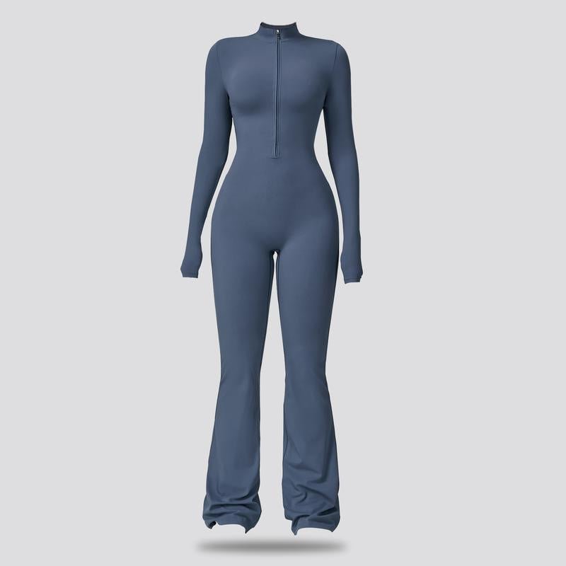 Women's Long Sleeve Flared Sports Jumpsuit - Zipper Jumpsuit, Wide Leg Bodysuit, Sexy One - Piece Yoga Jumpsuit, Fitness Activewear for the Gym, Pilates, Casual or Street Wear, Tennis Skirt with Shorts and Tie - Front Activewear - FitNFlow