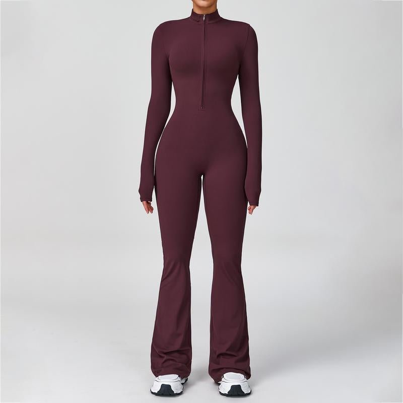 Women's Long Sleeve Flared Sports Jumpsuit - Zipper Jumpsuit, Wide Leg Bodysuit, Sexy One - Piece Yoga Jumpsuit, Fitness Activewear for the Gym, Pilates, Casual or Street Wear, Tennis Skirt with Shorts and Tie - Front Activewear - FitNFlow