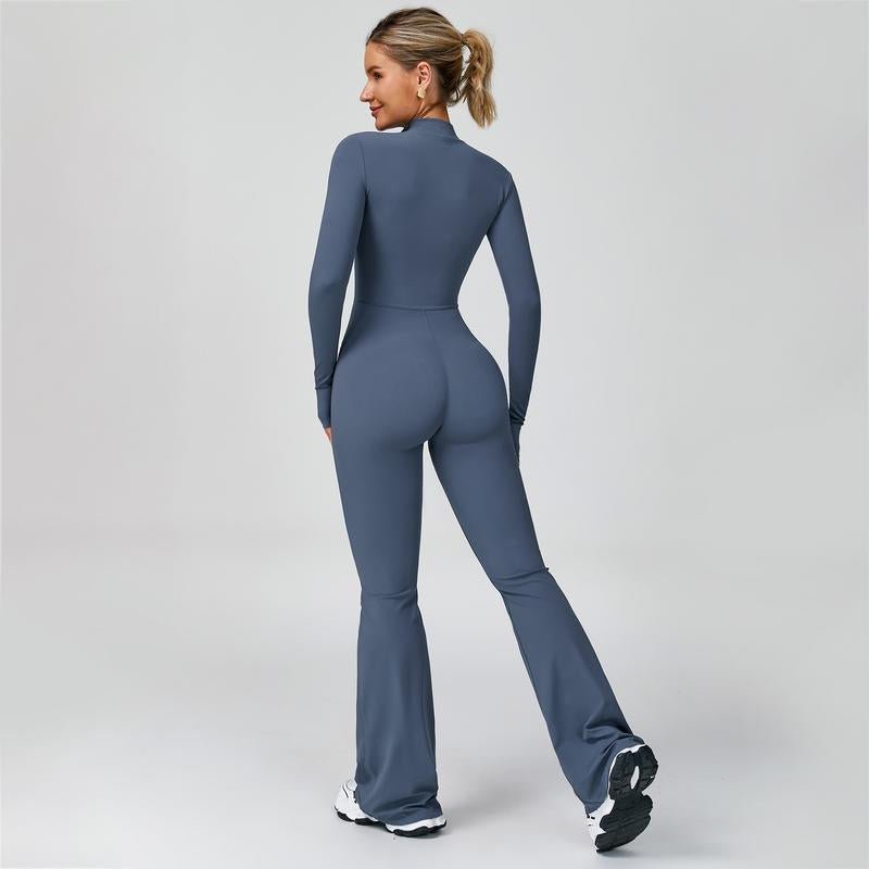 Women's Long Sleeve Flared Sports Jumpsuit - Zipper Jumpsuit, Wide Leg Bodysuit, Sexy One - Piece Yoga Jumpsuit, Fitness Activewear for the Gym, Pilates, Casual or Street Wear, Tennis Skirt with Shorts and Tie - Front Activewear - FitNFlow