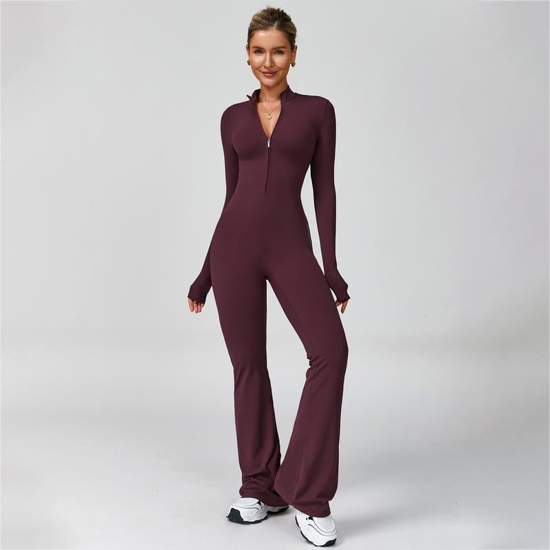 Women's Long Sleeve Flared Sports Jumpsuit - Zipper Jumpsuit, Wide Leg Bodysuit, Sexy One - Piece Yoga Jumpsuit, Fitness Activewear for the Gym, Pilates, Casual or Street Wear, Tennis Skirt with Shorts and Tie - Front Activewear - FitNFlow