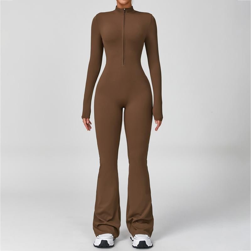 Women's Long Sleeve Flared Sports Jumpsuit - Zipper Jumpsuit, Wide Leg Bodysuit, Sexy One - Piece Yoga Jumpsuit, Fitness Activewear for the Gym, Pilates, Casual or Street Wear, Tennis Skirt with Shorts and Tie - Front Activewear - FitNFlow