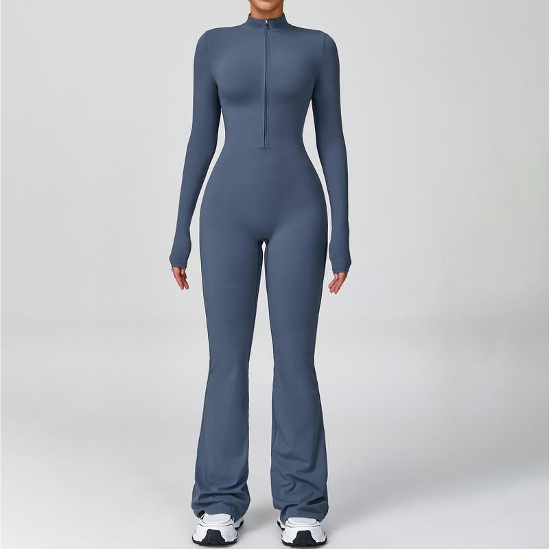 Women's Long Sleeve Flared Sports Jumpsuit - Zipper Jumpsuit, Wide Leg Bodysuit, Sexy One - Piece Yoga Jumpsuit, Fitness Activewear for the Gym, Pilates, Casual or Street Wear, Tennis Skirt with Shorts and Tie - Front Activewear - FitNFlow