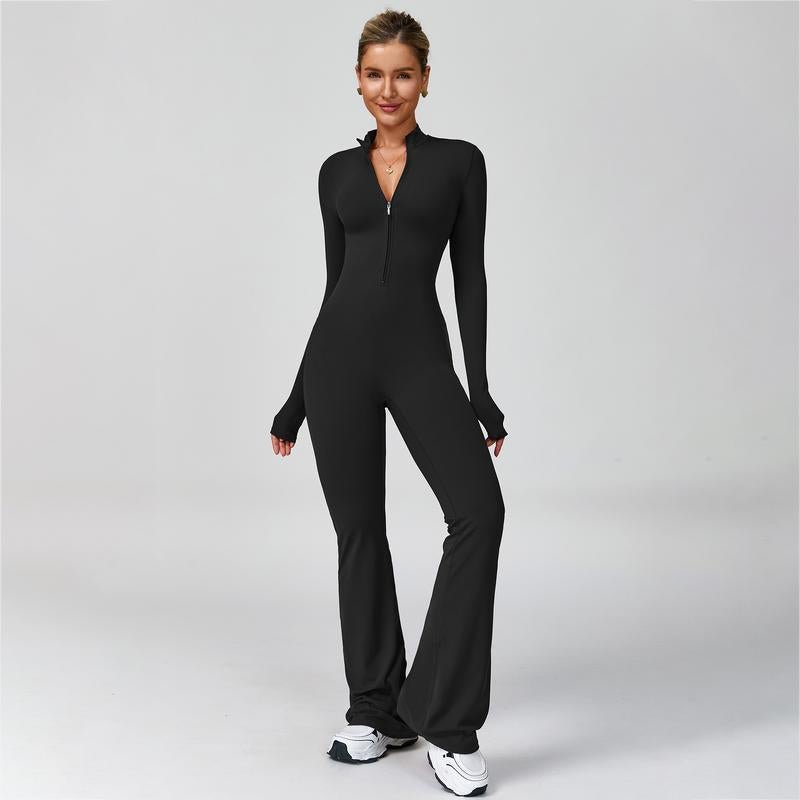 Women's Long Sleeve Flared Sports Jumpsuit - Zipper Jumpsuit, Wide Leg Bodysuit, Sexy One - Piece Yoga Jumpsuit, Fitness Activewear for the Gym, Pilates, Casual or Street Wear, Tennis Skirt with Shorts and Tie - Front Activewear - FitNFlow