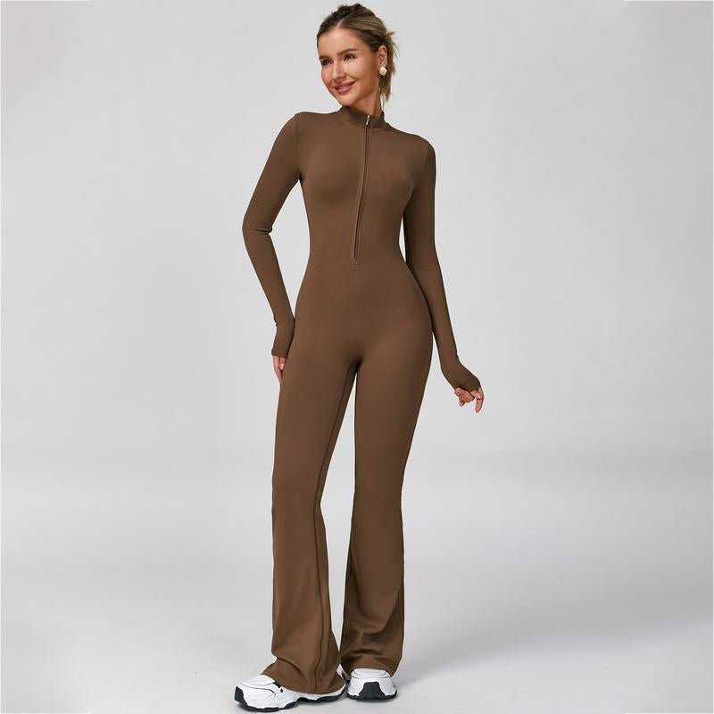 Women's Long Sleeve Flared Sports Jumpsuit - Zipper Jumpsuit, Wide Leg Bodysuit, Sexy One - Piece Yoga Jumpsuit, Fitness Activewear for the Gym, Pilates, Casual or Street Wear, Tennis Skirt with Shorts and Tie - Front Activewear - FitNFlow