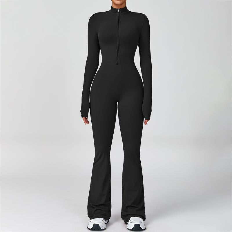 Women's Long Sleeve Flared Sports Jumpsuit - Zipper Jumpsuit, Wide Leg Bodysuit, Sexy One - Piece Yoga Jumpsuit, Fitness Activewear for the Gym, Pilates, Casual or Street Wear, Tennis Skirt with Shorts and Tie - Front Activewear - FitNFlow
