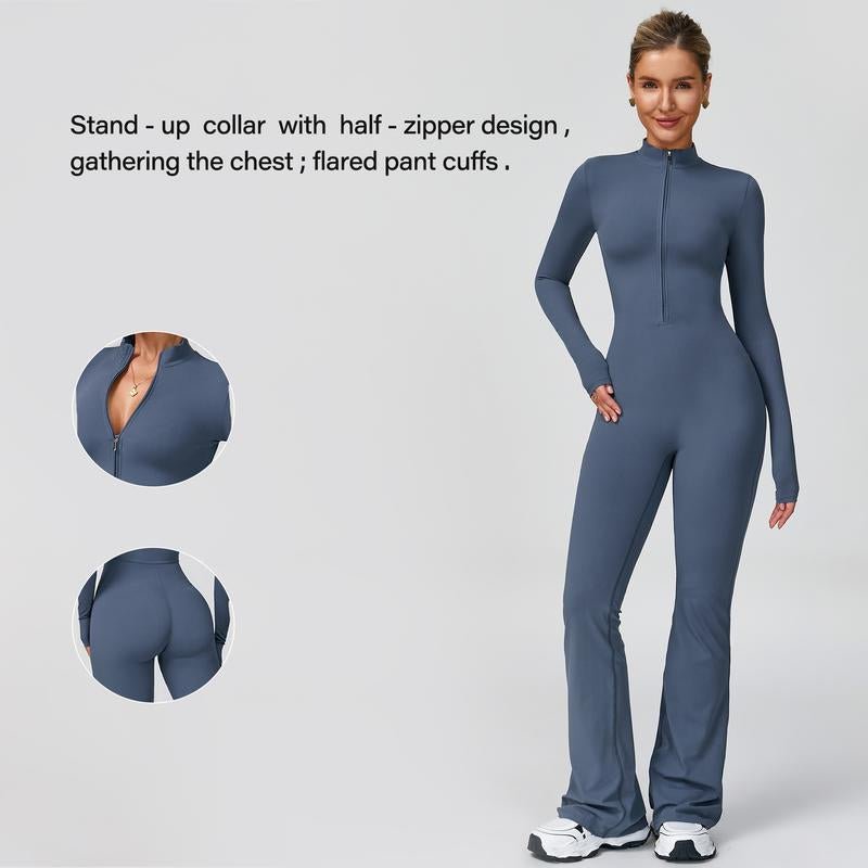 Women's Long Sleeve Flared Sports Jumpsuit - Zipper Jumpsuit, Wide Leg Bodysuit, Sexy One - Piece Yoga Jumpsuit, Fitness Activewear for the Gym, Pilates, Casual or Street Wear, Tennis Skirt with Shorts and Tie - Front Activewear - FitNFlow