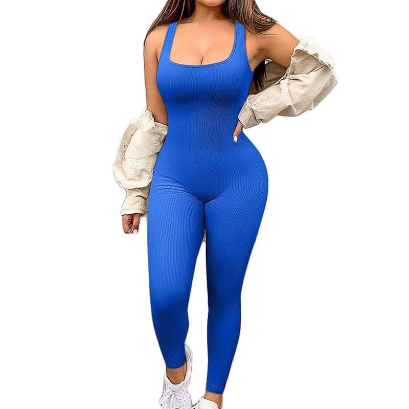 Women'S Solid Color Sleeveless Vest Jumpsuit Thread Square Neck Backless Hip Lift Slim - Fit Sports Jumpsuit Gymwear - Fit & Flow