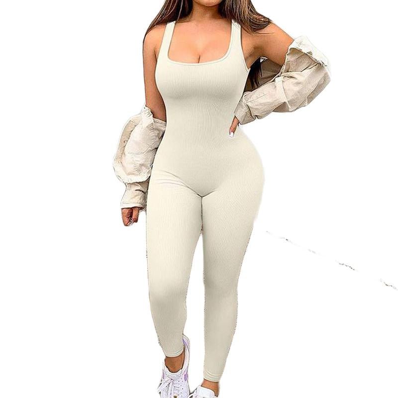 Women'S Solid Color Sleeveless Vest Jumpsuit Thread Square Neck Backless Hip Lift Slim - Fit Sports Jumpsuit Gymwear - Fit & Flow