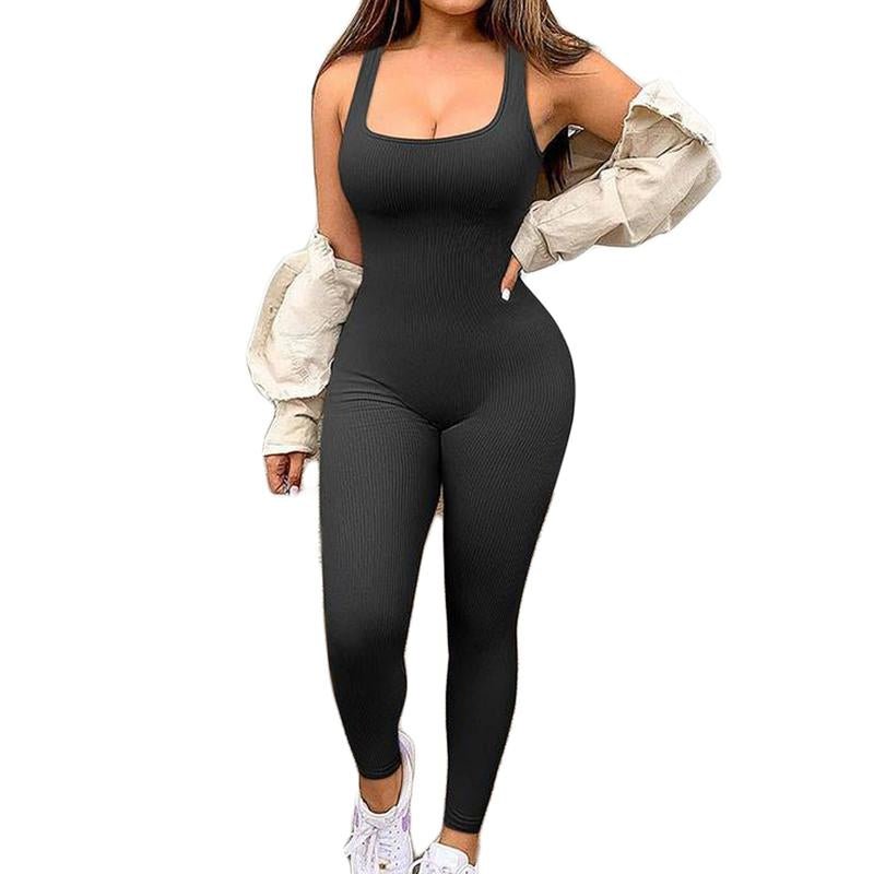 Women'S Solid Color Sleeveless Vest Jumpsuit Thread Square Neck Backless Hip Lift Slim - Fit Sports Jumpsuit Gymwear - Fit & Flow