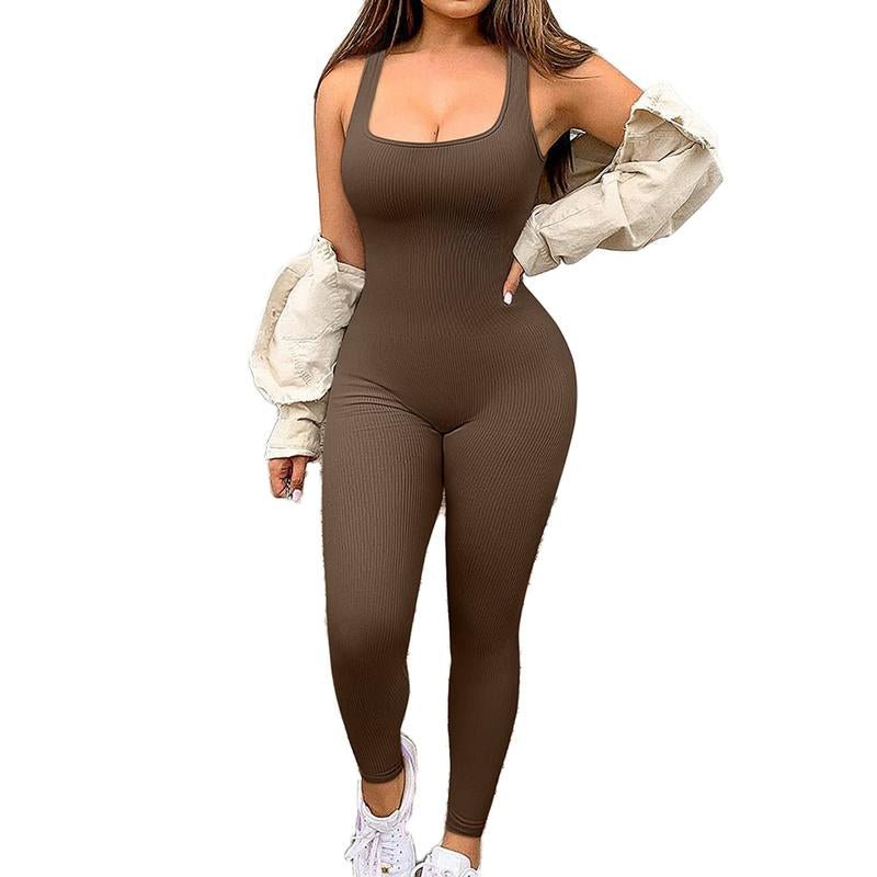 Women'S Solid Color Sleeveless Vest Jumpsuit Thread Square Neck Backless Hip Lift Slim - Fit Sports Jumpsuit Gymwear - Fit & Flow